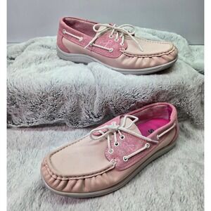 SAS Boat Shoes Pink Ribbon Slip On Glitter Pink Leather‎ Loafers Womens Size 10M